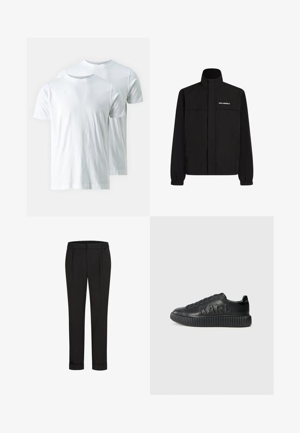 Juodas švarkas su aukštu apykakle, elastingais rankogaliais ir dviem priekinėmis kišenėmis. Viršutinėje kairėje pusėje yra baltas logotipas. Lygus, vandeniui atsparus audinys.; Balti medvilniniai marškiniai trumpomis rankovėmis, suapvalintu kaklu, lygia tekstūra ir be matomų raštų. Parduodami po du.; Juodi kelnių su elastinga juosmena, tiesaus kirpimo ir sukurtomis rankovėmis. Pagaminti iš lygaus, audinio be raštų.; Juoda sneaker'iai, pagaminti iš lygios odos, su storu rakteliais dekoruotu padu ir iškilmingu prekės ženklu. Klasikinis batų raištelių modelis su apvaliais akių skylutėmis.