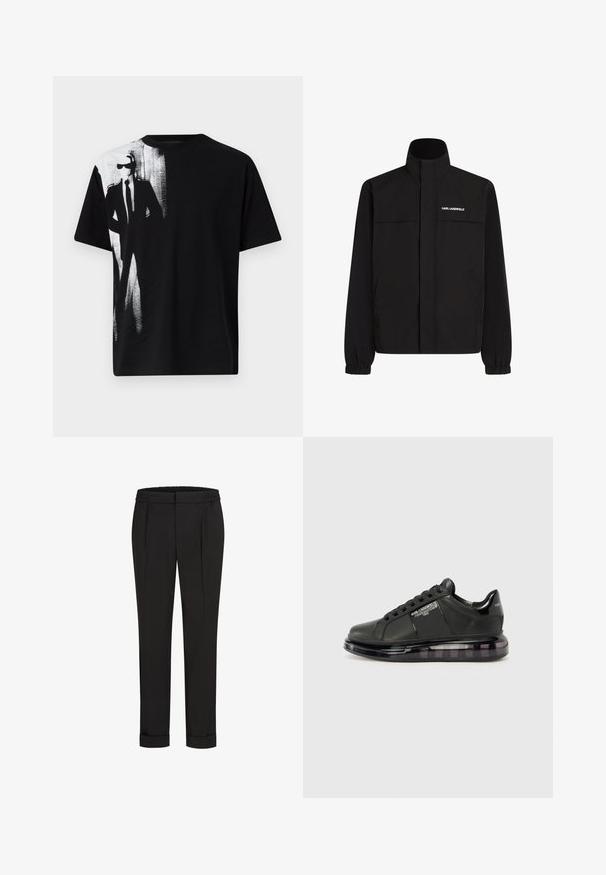 Črna jakna z visokim ovratnikom, elastičnimi rokavi in dvema sprednjima žepoma. Na zgornji levi strani je bel logotip. Gladka, vodoodporna tkanina.; Črna bombažna majica z velikim belim grafičnim prikazom oblečenega figura na levi strani. Okrugli izrez z kratkimi rokavi, gladka tekstura.; Črne hlače z elastičnim pasom, s pravimi nogavicami in zavihanimi manšetami. Narejene so iz gladkega, tkanega materiala brez vzorcev.; Črne snežne čevlje z gladkim usnjenim zgornjim delom, zaobljenim toeom in vezalnim dizajnom. Imajo prozoren, oblazinjen podplat z temnim gradijentom.