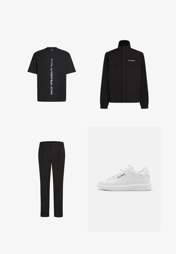 Mustan värvi jakk, millel on kõrge krae, elastsed mansetid ja kaks esikot. Ümber vasaku ülemise külje on valge logo. Sile, veekindel kangas.; Musthave musta puuvillane T-särk, millel on vertikaalne valge tekst "KARL LAGERFELD JEANS". Klassikaline ümar kaelus ja lühikesed varrukad. Sile tekstuur.; Mustad püksid elastse vöökohtaga, sirge jala kujundusega ja üles keeratud äärtega. Valmistatud siledast, kudumisega kangast, ilma mustriteta.; Valged sneakerid, mis on valmistatud siledast nahast ja millel on reljeefne muster. Omab ümmargust varvasekambrit, nööpide ja paeltega esiosa ning tekstuurset tallaosa. Külje peal on hõbedane logo detail.