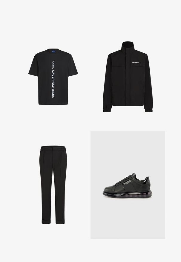 Mustan värvi jakk, millel on kõrge krae, elastsed mansetid ja kaks esikot. Ümber vasaku ülemise külje on valge logo. Sile, veekindel kangas.; Musthave musta puuvillane T-särk, millel on vertikaalne valge tekst "KARL LAGERFELD JEANS". Klassikaline ümar kaelus ja lühikesed varrukad. Sile tekstuur.; Mustad püksid elastse vöökohtaga, sirge jala kujundusega ja üles keeratud äärtega. Valmistatud siledast, kudumisega kangast, ilma mustriteta.; Must mustad musta nahast ülemise osaga, ümarate varvaste ja paeltega disainiga. Omab läbipaistvat, pehmendatud tallat, millel on tume gradient.