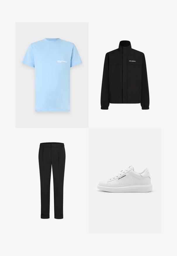 Mustan värvi jakk, millel on kõrge krae, elastsed mansetid ja kaks esikot. Ümber vasaku ülemise külje on valge logo. Sile, veekindel kangas.; Hele sinine puuvillane T-särk, milles on ümar kaelus ja lühikesed varrukad. Vasakul rinnal on väike valge "KARL LAGERFELD JEANS" tekst.; Mustad püksid elastse vöökohtaga, sirge jala kujundusega ja üles keeratud äärtega. Valmistatud siledast, kudumisega kangast, ilma mustriteta.; Valged sneakerid, mis on valmistatud siledast nahast ja millel on reljeefne muster. Omab ümmargust varvasekambrit, nööpide ja paeltega esiosa ning tekstuurset tallaosa. Külje peal on hõbedane logo detail.