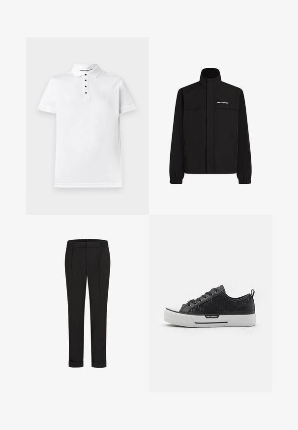 Sort jakke med høj krave, elastiske manchetter og to frontlommer. Har logo på øverste venstre side i hvid. Glat, vandafvisende stof.; Hvid bomulds polo shirt med klassisk krave, fem-knaps placket med sorte knapper og et lille broderet logo på brystet.; Sorte bukser med elastisk talje, der har et lige ben-design og opkrøllede cuffs. Lavet af glat, vævet stof uden mønstre.; Sort lav sko med mønstret kanvas-overdel, hvid gummitåhætte, tekstureret sål og logoaccent på siden. Metaløjer til snørebånd.