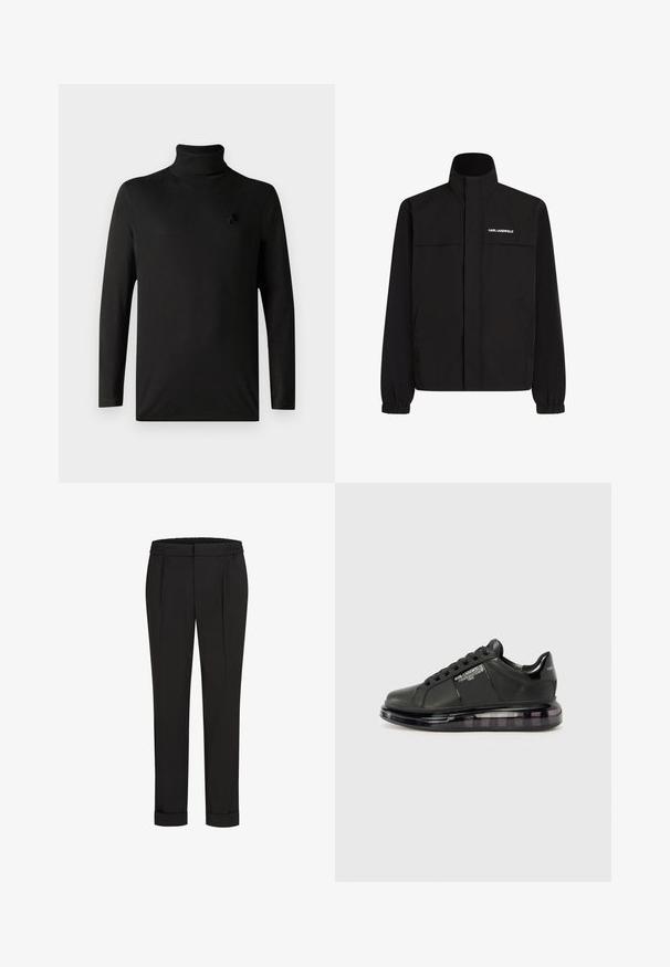 Mustan värvi jakk, millel on kõrge krae, elastsed mansetid ja kaks esikot. Ümber vasaku ülemise külje on valge logo. Sile, veekindel kangas.; Must mustaga pikend varrukatega turtleneck särk, millel on väike diskreetne logo vasaku rinna ülaservas, esitletud lihtsal valgel taustal.; Mustad püksid elastse vöökohtaga, sirge jala kujundusega ja üles keeratud äärtega. Valmistatud siledast, kudumisega kangast, ilma mustriteta.; Must mustad musta nahast ülemise osaga, ümarate varvaste ja paeltega disainiga. Omab läbipaistvat, pehmendatud tallat, millel on tume gradient.