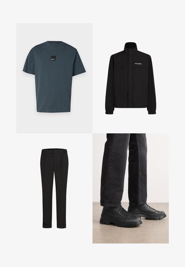 Zwarte jas met hoge kraag, elastische manchetten en twee voorzakken. Kenmerkt een logo op de bovenste linkerzijde in het wit. Glad, waterafstotend materiaal.; Mintgroene katoenen t-shirt met korte mouwen, ronde hals en een klein zwart vierkant logo-embleem op de voorkant. Soepele textuur, relaxte pasvorm.; Zwarte broek met een elastische tailleband, met een rechtvallend ontwerp en opgerolde manchetten. Gemaakt van glad, geweven stof zonder patronen.; Zwarte vetersneakers met een chunky, getextureerde zool en een glad bovendeel. Voorzien van metalen veterogen en een ribbelaccent rond de teen.