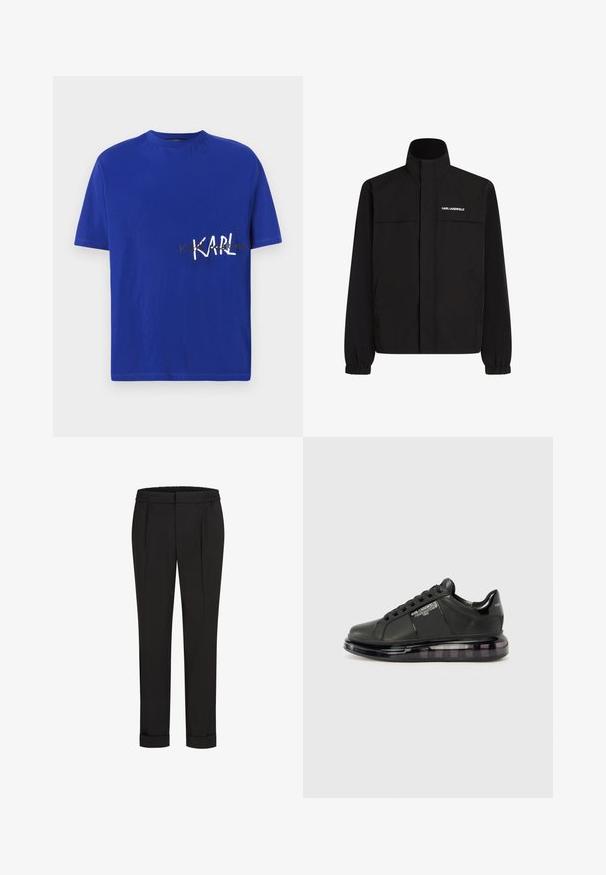 Juodas švarkas su aukštu apykakle, elastingais rankogaliais ir dviem priekinėmis kišenėmis. Viršutinėje kairėje pusėje yra baltas logotipas. Lygus, vandeniui atsparus audinys.; Mėlynas medvilninis marškinėliai su apvalia iškirpte. Yra balta užrašas "KARL" ir papildomas auksinis tekstas, trumpomis rankovėmis ir įprasto kirpimo.; Juodi kelnių su elastinga juosmena, tiesaus kirpimo ir sukurtomis rankovėmis. Pagaminti iš lygaus, audinio be raštų.; Juodi sportiniai bateliai su lygiu odiniu apdailu, suapvalintu nosiu ir raištelių dizainu. Ypatybės apima skaidrų, paminkštintą pado su tamsiu gradientu.