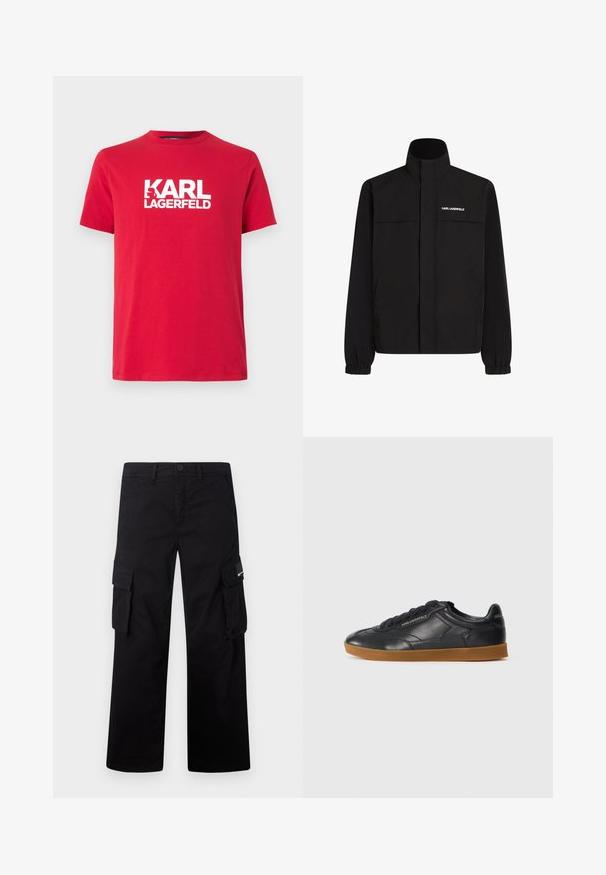 Chaqueta negra con cuello alto, puños elásticos y dos bolsillos frontales. Presenta un logo en el lado superior izquierdo en blanco. Tejido suave y resistente al agua.; Camiseta de algodón roja con mangas cortas y cuello redondo, que presenta una gran impresión en blanco del logo "KARL LAGERFELD" en la parte delantera.; Pantalones cargo negros hechos de tela duradera, con un diseño de pierna recta, bolsillos laterales y cierre de botón.; Zapatilla de cuero negro con punta redondeada, cordones en la parte delantera y suela de goma natural en contraste. Presenta un logotipo en relieve en el lado y la parte trasera.