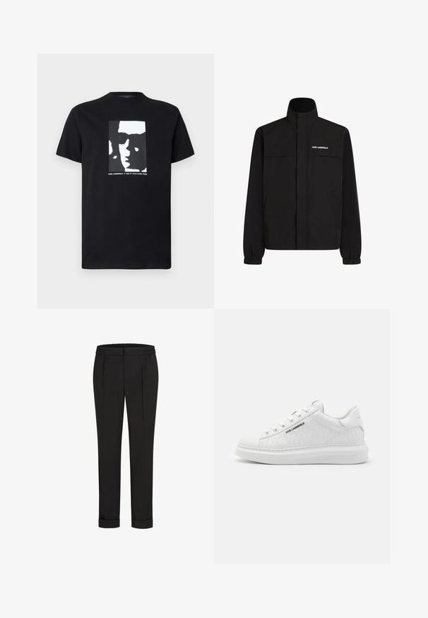 Musta takki, jossa on korkea kaulus, joustavat hihat ja kaksi etutaskua. Vasemmassa yläkulmassa valkoinen logo. Sileä, vedenkestävä kangas.; Mustat puuvillateepaidat, joissa on keskellä valkois- ja harmaasävyinen kasvokuva ja alla valkoisella fontilla teksti. Klassinen pyöreä kaula-aukko.; Mustat housut, joissa on joustava vyötärö, suoran lahkeiden muotoilu ja käännetyt hihnat. Valmistettu sileästä, kudotusta kankaasta ilman kuvioita.; Valkeat lenkkarit, jotka on valmistettu sileästä nahasta ja joissa on kohokuvioitu kuvio. Ominaisuuksiin kuuluu pyöreä kärki, nauhakiinnitys ja teksturoitu pohja. Hopeinen logo yksityiskohta sivussa.