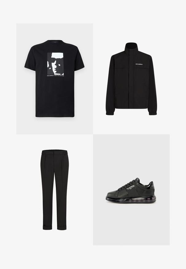 Juodas švarkas su aukštu apykakle, elastingais rankogaliais ir dviem priekinėmis kišenėmis. Viršutinėje kairėje pusėje yra baltas logotipas. Lygus, vandeniui atsparus audinys.; Juodas medvilnės marškinėliai su centriniu grafiniu piešiniu, vaizduojančiu veidą baltos ir pilkos spalvų atspalviais, o po juo baltoje šrifte esantis tekstas. Klasikinis apvalus kaklas.; Juodi kelnių su elastinga juosmena, tiesaus kirpimo ir sukurtomis rankovėmis. Pagaminti iš lygaus, audinio be raštų.; Juodi sportiniai bateliai su lygiu odiniu apdailu, suapvalintu nosiu ir raištelių dizainu. Ypatybės apima skaidrų, paminkštintą pado su tamsiu gradientu.