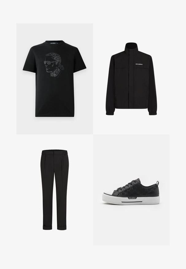 Černá bunda s vysokým límcem, elastickými manžetami a dvěma předními kapsami. Na levé horní straně se nachází bílé logo. Hladká, voděodolná tkanina.; Černé bavlněné tričko s geometrickým, reflexním černým designem obličeje se slunečními brýlemi na přední straně. Obsahuje kulatý výstřih.; Černé kalhoty s elastickým pasem, s rovnými nohavicemi a ohrnutými lemy. Vyrobené z hladké tkaniny bez vzorů.; Černé nízké tenisky s vzorovaným plátnem na svršku, bílou gumovou špičkou, strukturovanou podrážkou a logem na boku. Kovové průvlaky na tkaničky.