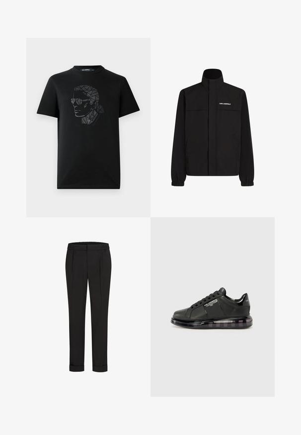 Černá bunda s vysokým límcem, elastickými manžetami a dvěma předními kapsami. Na levé horní straně se nachází bílé logo. Hladká, voděodolná tkanina.; Černé bavlněné tričko s geometrickým, reflexním černým designem obličeje se slunečními brýlemi na přední straně. Obsahuje kulatý výstřih.; Černé kalhoty s elastickým pasem, s rovnými nohavicemi a ohrnutými lemy. Vyrobené z hladké tkaniny bez vzorů.; Černé tenisky s hladkým koženým svrškem, zaoblenou špičkou a šněrovacím designem. Mají průhlednou, polstrovanou podrážku s tmavým přechodem.
