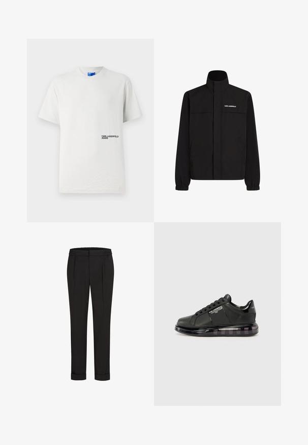 Giacca nera con colletto alto, polsini elasticizzati e due tasche frontali. Presenta il logo sul lato superiore sinistro in bianco. Tessuto liscio e resistente all'acqua.; T-shirt bianca in cotone con collo rotondo e maniche corte. Presenta un logo stampato "KARL LAGERFELD JEANS" in nero sul lato sinistro.; Pantaloni neri con una vita elastica, caratterizzati da un design a gamba dritta e orli arrotolati. Realizzati in tessuto liscio e tessuto senza motivi.; Sneaker nera con tomaia in pelle liscia, punta rotonda e design con lacci. Presenta una suola trasparente e ammortizzata con un gradiente scuro.