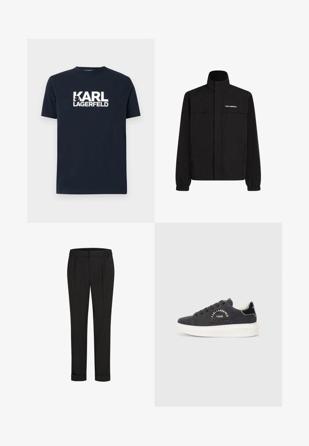 Jachetă neagră cu guler înalt, manșete elastice și două buzunare frontale. Prezintă un logo pe partea stângă sus, de culoare albă. Material neted, rezistent la apă.; Tricou din bumbac bleumarin, cu mâneci scurte și decolteu rotund, având un logo alb îndrăzneț "KARL LAGERFELD" pe piept.; Pantaloni negri cu talie elastică, având un design cu picioare drepte și manșete suflecate. Realizați dintr-un material neted, țesut, fără modele.; Sneakers din suede de culoare gri închis, cu tălpi din cauciuc alb, având broderii decorative și un logo pe lateral. Accente negre netede pe toc.