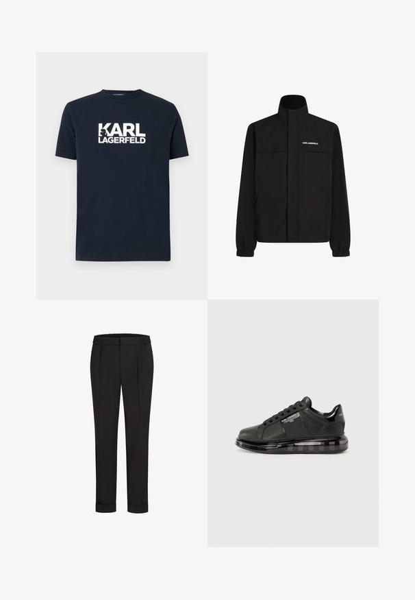Černá bunda s vysokým límcem, elastickými manžetami a dvěma předními kapsami. Na levé horní straně se nachází bílé logo. Hladká, voděodolná tkanina.; Námořnické bavlněné tričko s krátkými rukávy a kulatým výstřihem, s výrazným bílým logem "KARL LAGERFELD" přes hruď.; Černé kalhoty s elastickým pasem, s rovnými nohavicemi a ohrnutými lemy. Vyrobené z hladké tkaniny bez vzorů.; Černé tenisky s hladkým koženým svrškem, zaoblenou špičkou a šněrovacím designem. Mají průhlednou, polstrovanou podrážku s tmavým přechodem.