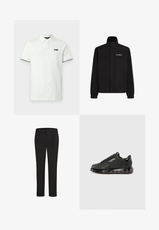 Černá bunda s vysokým límcem, elastickými manžetami a dvěma předními kapsami. Na levé horní straně se nachází bílé logo. Hladká, voděodolná tkanina.; Bílá polokošile s krátkým rukávem, třemi knoflíky, černým lemováním na okrajích rukávů a malým černým vyšitým textem na levé hrudi.; Černé kalhoty s elastickým pasem, s rovnými nohavicemi a ohrnutými lemy. Vyrobené z hladké tkaniny bez vzorů.; Černé tenisky s hladkým koženým svrškem, zaoblenou špičkou a šněrovacím designem. Mají průhlednou, polstrovanou podrážku s tmavým přechodem.