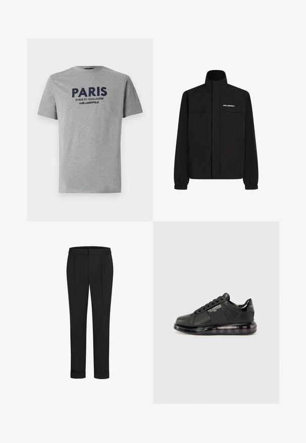 Melna jaka ar augstu apkakli, elastīgām aprocēm un divām priekšējām kabatām. Ieprintēts logo augšējā kreisajā pusē baltā krāsā. Gluda, ūdensizturīga auduma.; Pelēka kokvilnas T-krekls ar īsām piedurknēm, ar izšūtu tumši zilu tekstu: "PARĪZE 21 RUE ST-GUILLAUME KARL LAGERFELD" uz priekšpuses.; Melni bikses ar elastīgu jostu, ar taisna piegriezuma dizainu un sarullētām piedurknēm. Izgatavotas no gluda, auduma bez rakstiem.; Melnas sporta kurpes ar gludu ādas virsu, noapaļotu purngalu un saistīšanas dizainu. Iezīmē skaidru, mīkstu zoli ar tumšu gradientu.