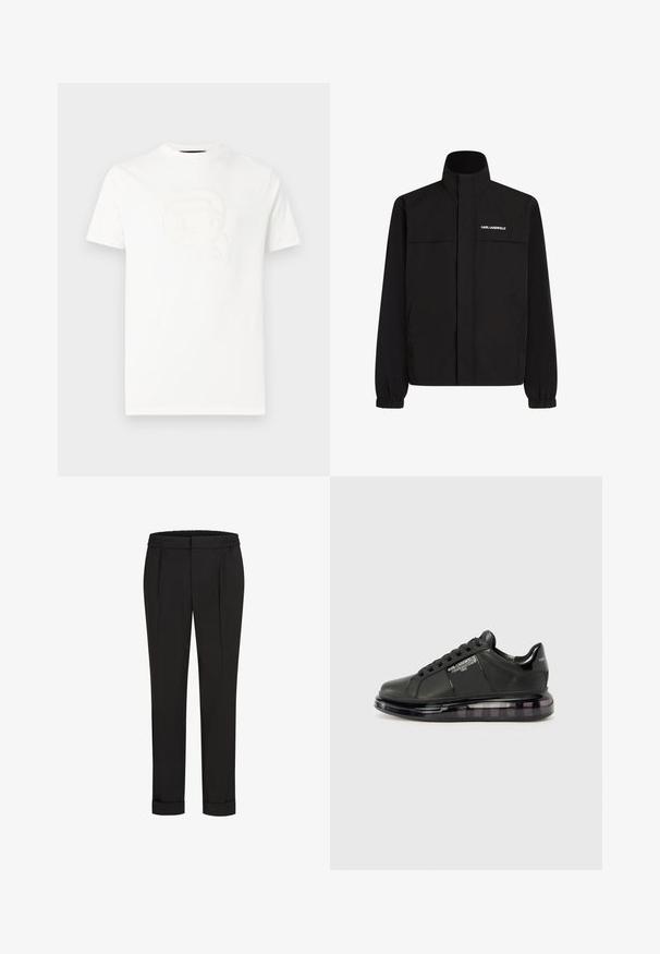 Melna jaka ar augstu apkakli, elastīgām aprocēm un divām priekšējām kabatām. Ieprintēts logo augšējā kreisajā pusē baltā krāsā. Gluda, ūdensizturīga auduma.; Balta T-krekls ar īsām piedurknēm, uz kura iegravēts stilizētas sejas attēls ar saulesbrillēm un zirgastes frizūru, zem kura redzams teksts "KARL LAGERFELD".; Melni bikses ar elastīgu jostu, ar taisna piegriezuma dizainu un sarullētām piedurknēm. Izgatavotas no gluda, auduma bez rakstiem.; Melnas sporta kurpes ar gludu ādas virsu, noapaļotu purngalu un saistīšanas dizainu. Iezīmē skaidru, mīkstu zoli ar tumšu gradientu.