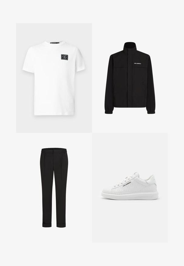 Melna jaka ar augstu apkakli, elastīgām aprocēm un divām priekšējām kabatām. Ieprintēts logo augšējā kreisajā pusē baltā krāsā. Gluda, ūdensizturīga auduma.; Balts īsās piedurknes T-kreklis ar apļa kaklu, uz kreisā krūšu kabatas ir mazs melns taisnstūra patčs ar baltu slīpu tekstu.; Melni bikses ar elastīgu jostu, ar taisna piegriezuma dizainu un sarullētām piedurknēm. Izgatavotas no gluda, auduma bez rakstiem.; Balti sporta apavi, kas izgatavoti no gludas ādas ar reljefotu rakstu. Iemaukti apaļā purngalā, ar auklām un teksturētu zoli. Sudraba logo detaļa sānos.