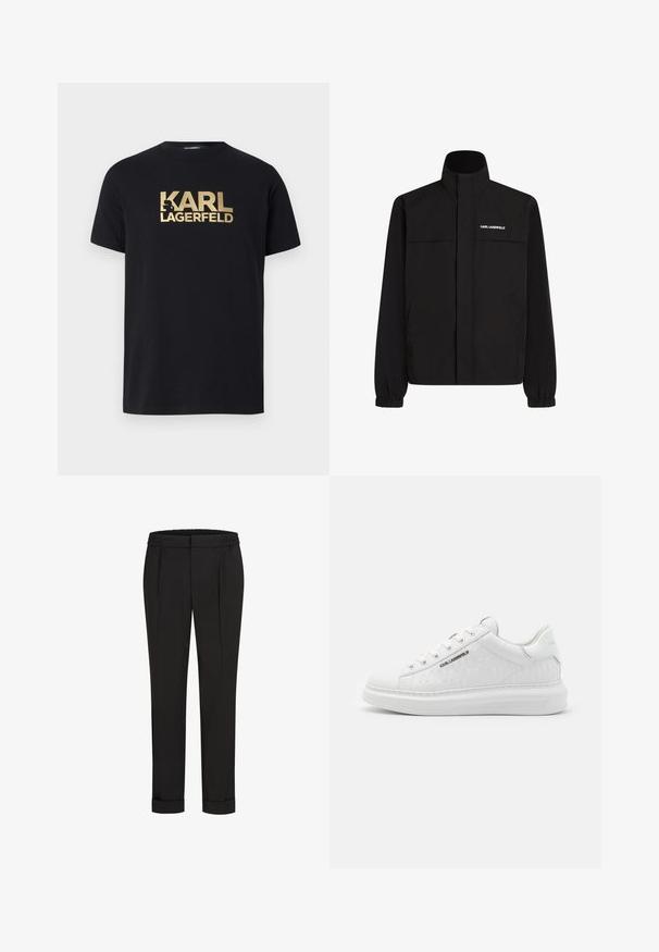 Čierna bunda s vysokým golierom, elastickými manžetami a dvoma prednými vreckami. Na hornej ľavej strane sa nachádza logo v bielej farbe. Hladká, vodeodolná tkanina.; Čierne bavlnené tričko s výrazným zlatým nápisom "KARL LAGERFELD" a minimalistickým dizajnom. Krátke rukávy a okrúhly výstrih.; Čierne nohavice s elastickým pásom, s rovnými nohavicami a prehnutými manžetami. Vyrobené z hladkej tkaniny bez vzorov.; Biele tenisky vyrobené z hladkej kože s embosovaným vzorom. Majú okrúhlu špičku, šnurovanie v prednej časti a textúrovanú podrážku. Strieborný detail loga na boku.