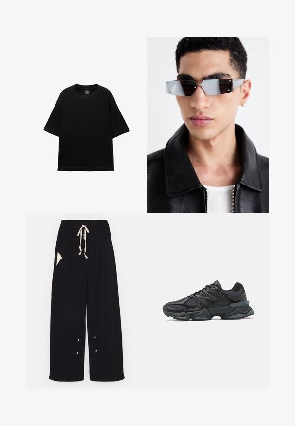 Zwarte bomberjack met overdreven hoekige schouders, een rits aan de voorkant, een ritszak op de mouw en geribde manchetten en zoom.; Zwarte T-shirt met korte mouwen, gemaakt van katoen, met een ronde halslijn en een ontspannen pasvorm. Gladde textuur met minimale stikdetails.; Zwarte wijde broek van zachte stof met een trekkoord in de taille, zijzakken en een driehoekige accentzak. Inclusief zilveren hardwaredetails.; Zwarte hardloopschoen met een mix van mesh en synthetische materialen, een stevige zool, gebogen ontwerp en prominente branding op de zijkant.; Hoekige, grijsgetinte zonnebril met zilveren accenten, tegen een lichte achtergrond. De lenzen hebben een unieke geometrische vorm.