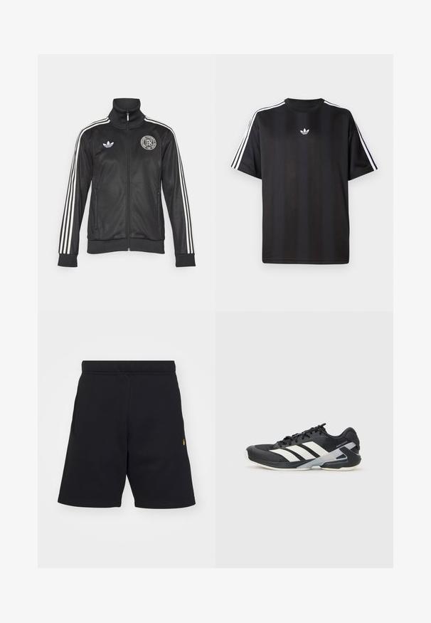 Melns sporta aizsargjakas ar baltām svītrām uz piedurknēm, augstu apkakli, ar rāvējslēdzēju un apaļu logo uz krūšu; izgatavots no gludas, spīdīgas kvalitātes materiāla.; Melns īsām piedurknēm T-krekls ar baltām trīs svītru detaļām uz pleciem un mazu baltu logo uz krūšu apvidus. Gluda auduma tekstūra.; Melnas bikses, izgatavotas no mīksta auduma, ar elastīgu jostasvietu, sānu kabatām un mazu zelta logotipu akcentu kreisajā apakšējā stūrī.; Melnas sporta kurpes ar baltām svītrām, acs augšdaļa, noapaļots pirksts un mīksts zole. Iespējams ar teksturētu papēdi un drošu šņoru sistēmu.