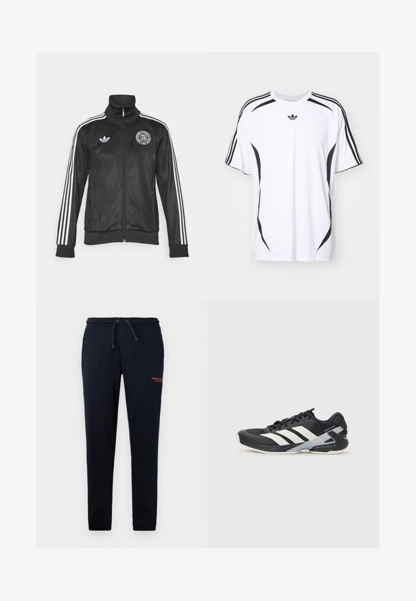 Musta urheilu takki, jossa on valkoiset raidat hihoissa, korkea kaulus, vetskari edessä ja pyöreä logo rinnassa; valmistettu sileästä ja kiiltävästä materiaalista.; Valkoinen lyhythihainen t-paita, jossa on mustat sivusomisteet ja kolme mustaa raitaa hartioilla. Paitassa on myös pieni musta logo rinnassa.; Laivasto siniset joggerit, jossa on naru vyötäröllä, sivutaskut, kapenevat lahkeet ja oikeassa reidessä oranssi teksti "WEEKEND OFFICER". Pehmeä puuvillasekoitemateriaali.; Mustat urheilukengät valkoisilla raidoilla, verkkomateriaalia ylhäällä, pyöristetty kärki ja pehmustettu pohja. Varustettu teksturoidulla kantapäällä ja turvallisella nauhoitusjärjestelmällä.
