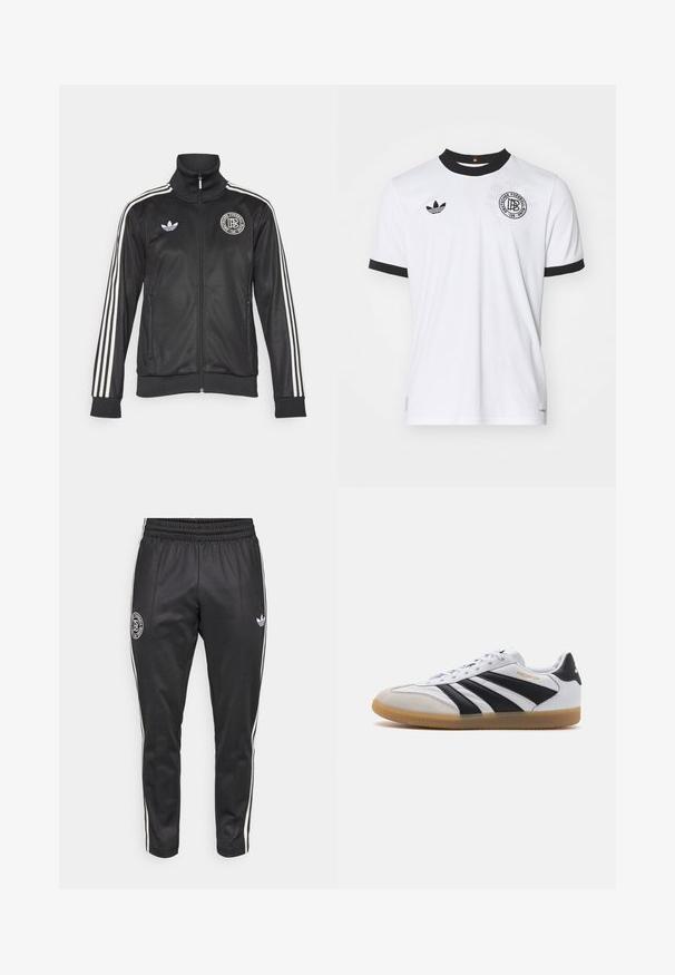 Fekete sportdzseki fehér csíkokkal az ujjakon, magas gallérral, cipzáros elülső résszel és kerek logóval a mellkason; sima, fényes anyagból készült.; Fehér, rövid ujjas mez fekete díszítéssel és gallérral. Tartalmazza az Adidas logóját, kerek emblémát és finom textúrázott mintát az anyagon.; Fekete sportnadrág, taperd szabással, rugalmas derékkal, fehér oldalsávokkal és kerek logóval a combon. Simább és tartós anyagból készült.; Fehér bőr sportcipők fekete csíkkal és kiegészítőkkel, szürke velúr orral és gumi talppal; fűzős kialakítással és "Predator" márkajelzéssel rendelkeznek.