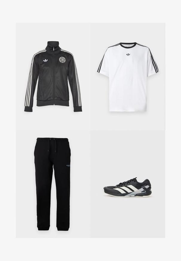 Schwarze Sportjacke mit weißen Streifen an den Ärmeln, hohem Kragen, Reißverschluss vorn und rundem Logo auf der Brust; aus glattem, glänzendem Material gefertigt.; Weißes T-Shirt aus Baumwolle mit einem schwarzen, runden Halsausschnitt und drei schwarzen Streifen auf jeder Schulter. Kleines schwarzes Logo auf der Brust.; Schwarze Jogginghose mit elastischem Bund und Kordelzug, ausgestattet mit Seitentaschen und einem kleinen bedruckten Logo auf dem linken Oberschenkel. Weicher Stoff.; Schwarzer Sportschuh mit weißen Streifen, Obermaterial aus Mesh, runde Zehenform und gepolstertem Sohlenteil. Verfügt über eine strukturierte Ferse und ein sicheres Schnürsystem.