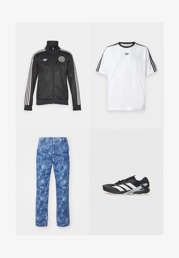 Chaqueta deportiva negra con rayas blancas en las mangas, cuello alto, cierre frontal con cremallera y logo redondo en el pecho; hecha de un material liso y brillante.; Camiseta blanca de algodón, con un cuello redondo negro y tres rayas negras en cada hombro. Pequeño logo negro en el pecho.; Vaqueros de mezclilla en azul claro con un efecto de lavado; corte recto con un patrón ligeramente desvanecido; diseño estándar de cinco bolsillos y cierre de botón metálico.; Zapatilla deportiva negra con franjas blancas, parte superior de malla, punta redondeada y suela acolchada. Presenta un talón texturizado y un sistema de cordones seguro.