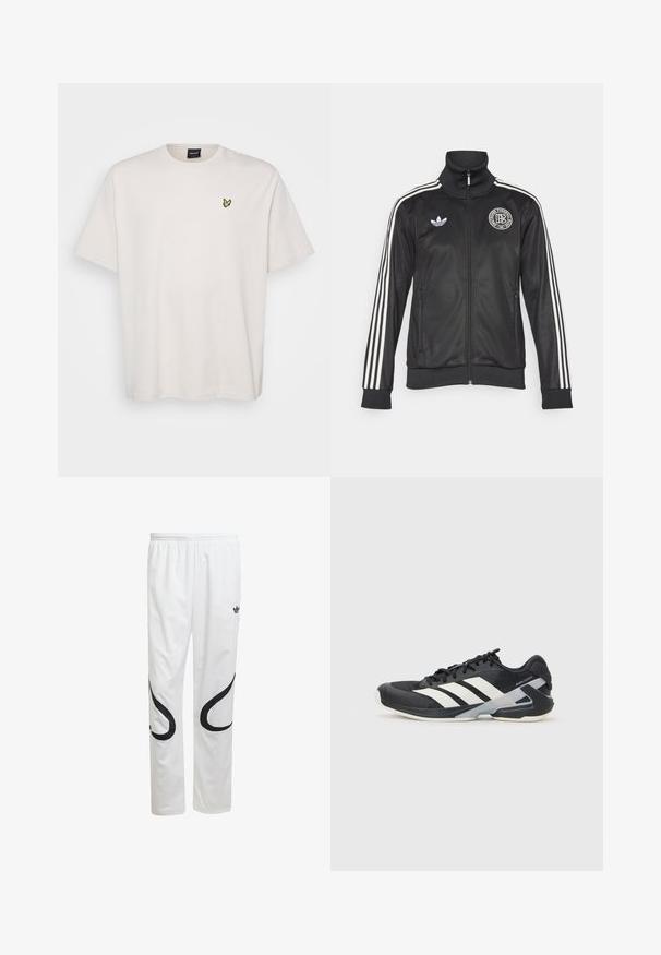 Must must jackets valgete triipudega varrukatel, kõrge kraega, lukuga ees ja ümmargune logo rinnal; valmistatud siledast, läikivast materjalist.; Valge puuvillane T-särk lühikeste varrukatega, vasakul rinnal väikese kollase linnu logoga. Lihtne ja klassikaline disain.; Valged sportpüksid sileda pinnaga, mustade kaarjate kujunditega külgedel ja must logoga vöökoha lähedal.; Mustad sportlik jalanõud mustade värvidega, valgete triipudega, võrgusilma pealmine osa, ümar varvas ja pehme tallaga. Omab tekstureeritud kontsa ja kindlat paeltesüsteemi.