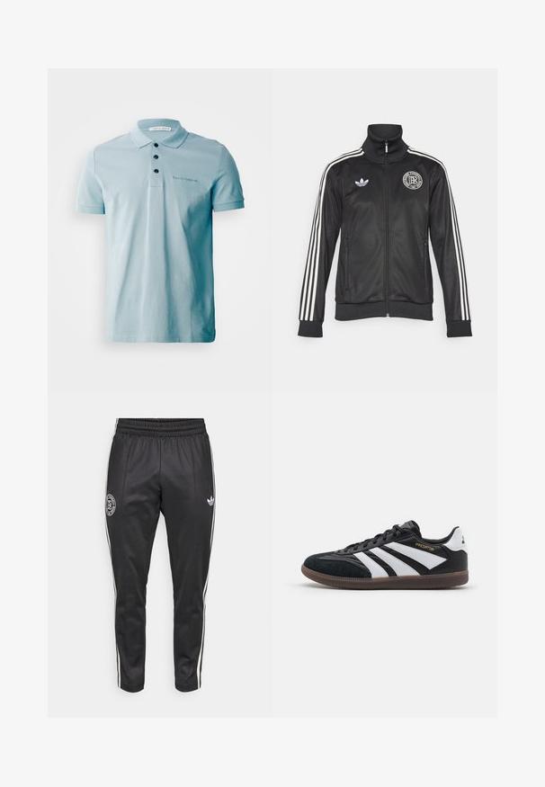 Melns sporta aizsargjakas ar baltām svītrām uz piedurknēm, augstu apkakli, ar rāvējslēdzēju un apaļu logo uz krūšu; izgatavots no gludas, spīdīgas kvalitātes materiāla.; Gaiši zilas polo krekls ar mīkstu kokvilnas tekstūru, trīs melni pogas un izšūts logs uz krūtīm. Īsas piedurknes un klasiskā apkakle.; Melnas sporta bikses ar pieguļošu piegriezumu, elastīgu jostasvietu, baltām sānu līnijām un apļa logotipu uz augšstilba. Izgatavotas no gludas un izturīgas auduma.; Melna un balta sporta apavi ar zamšādu un sintētisko augšdaļu, kurai ir trīs atšķirīgas baltas svītras, gumijas zole un zelta "Predator" uzraksts.