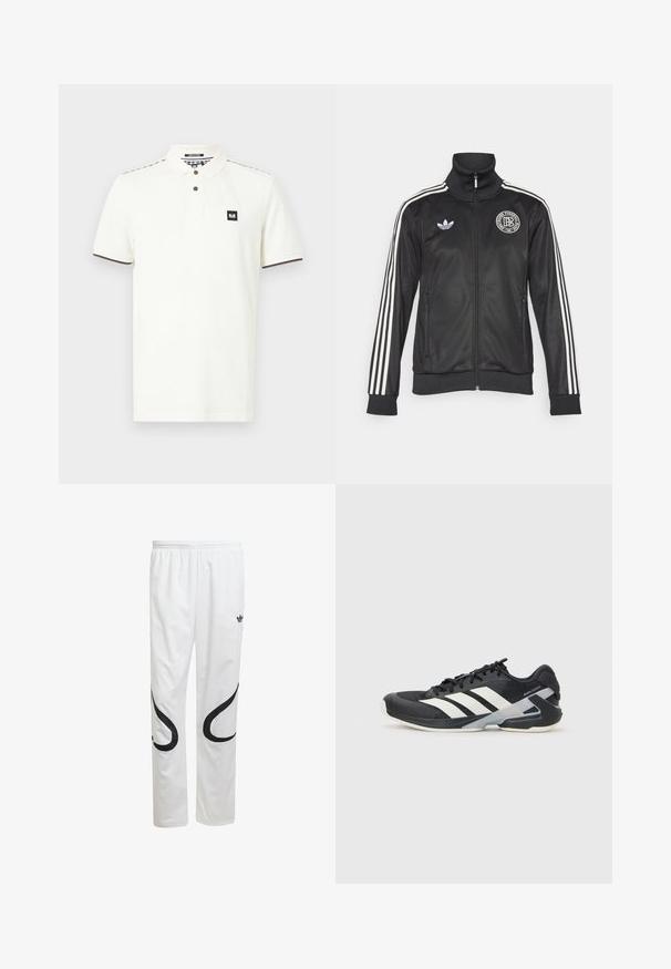 Čierna športová bunda s bielymi pruhmi na rukávoch, vysokým golierom, predným zipsom a okrúhlym logom na hrudi; vyrobená z hladkého, lesklého materiálu.; Biela polo košeľa vyrobená z bavlny, s golierom, dvoma hnedými gombíkmi a čiernou nášivkou na hrudi. Ozdobená hnedými akcentmi.; Biele športové nohavice s hladkou textúrou, s čiernymi zakrivenými vzormi po stranách a čiernym logom blízko pásu.; Čierna športová obuv s bielymi pruhmi, sieťovinový zvršok, zaoblená špička a polstrovaná podrážka. Obsahuje štruktúrovaný opätok a bezpečný systém šnurovania.