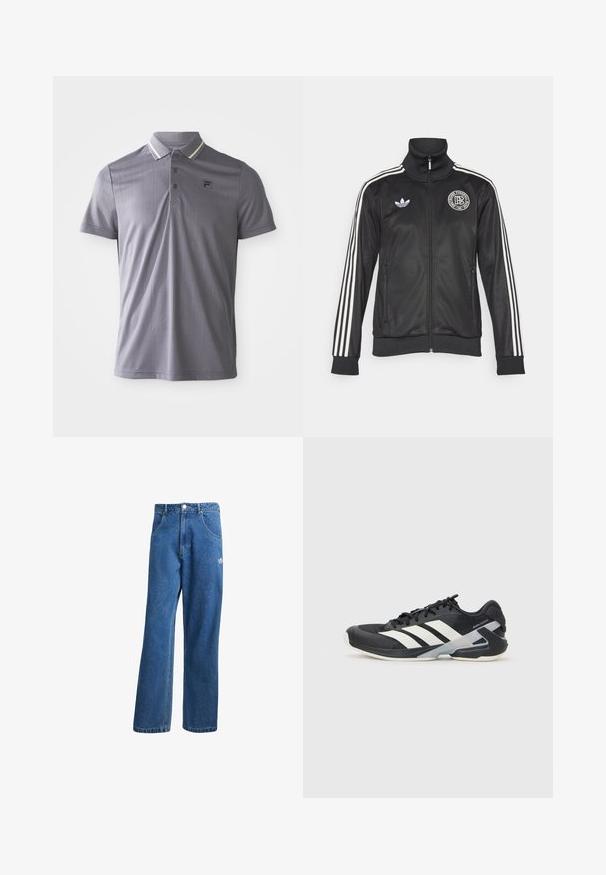 Juodas sportinis džemperis su baltais dryžiais ant rankovių, aukštu apykakle, užtrauktuku priekyje ir apvaliu logotipu krūtinėje; pagamintas iš lygios, blizgios medžiagos.; Šviesiai pilka polo marškinėliai trumpomis rankovėmis su subtiliais vertikaliais raštais, trijų mygtukų užsegimas ir logotipo pleistras kairėje krūtinės pusėje, apykaklė su šviesiais raštų akcentais.; Mėlynos aukštu liemeniu plačios džinsinės kelnės su priekinėmis kišenėmis, diržo kilpos, sagčių uždarymu ir mažu Adidas logotipu dešinėje šlaunyje.; Juoda sportinė avalynė su baltais dryžiais, tinklinis viršus, apvalus pirštas ir paminkštinta padais. Yra tekstūruota kulno dalis ir saugi raištelių sistema.
