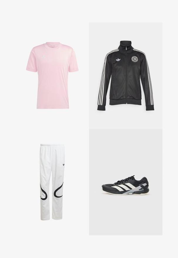 Čierna športová bunda s bielymi pruhmi na rukávoch, vysokým golierom, predným zipsom a okrúhlym logom na hrudi; vyrobená z hladkého, lesklého materiálu.; Svetlo ružové krátkoplevé atletické tričko vyrobené z ľahkého materiálu. Má biele logo Adidas a bočné akcenty. Hladká textúra, okrúhly výstrih.; Biele športové nohavice s hladkou textúrou, s čiernymi zakrivenými vzormi po stranách a čiernym logom blízko pásu.; Čierna športová obuv s bielymi pruhmi, sieťovinový zvršok, zaoblená špička a polstrovaná podrážka. Obsahuje štruktúrovaný opätok a bezpečný systém šnurovania.