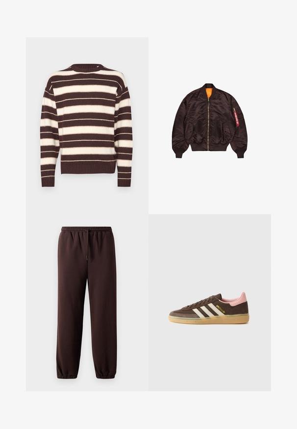 Brown satin bomber jacket with an orange inner lining, zip closure, ribbed cuffs, and side pockets. Features a zipped arm pocket with a tag.; Brown and cream striped knit sweater with a crew neckline and ribbed cuffs. Soft texture; relaxed fit.; Brown jogger pants with a drawstring waist, elastic cuffs, and smooth cotton material. Features a relaxed fit and minimal design.; adidas Originals HANDBALL SPEZIAL UNISEX - Trainers - dark brown/alumina/wonder mauve