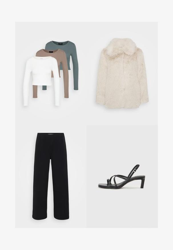 Faux fur-kåpe i off-white med en myk, fluffy tekstur og bred krage. Har rett snitt og skjult frontlukking.; Tre langermede crop topper stablet, fargene hvit, beige og dempet teal, med runde halsåpninger på en lys grå bakgrunn.; Svart bukser med vid benvidde og elastisk midjebånd. Laget av et strukturert materiale, med en løs passform og rett snitt fra hoftene til sømmen.; Sorte sandaler med stropper, firkantet tå og lav blokk hæl. Har flere tynne stropper og en justerbar ankelstropp. Laget av glatt lær.