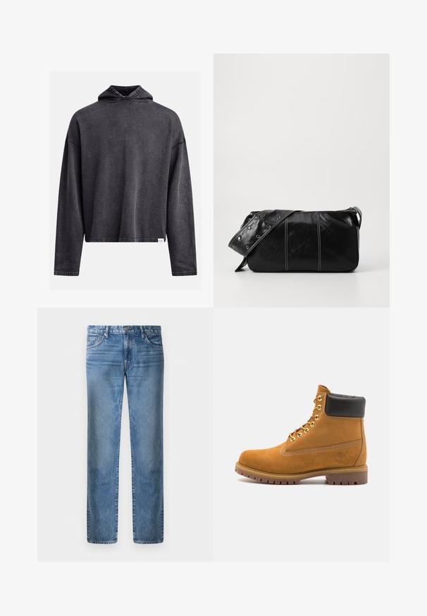 Sort fleecejakke med lynlås, bred krave og læderdetaljer ved taljen og manchetterne. Har en struktureret overflade.; Sort cropped hoodie lavet af blød, tekstureret stof. Har en hætte med snoretræk, lange ærmer og synlige syninger langs kanterne.; Lysegrå langærmet polo-shirt lavet af blødt stof, med en hvid krave og fire-knaps placket. Glat tekstur, afslappet design.; Lyseblå denimjeans, lige ben, fem lommer, metalknaplukning, falmet tekstur med let slidmønster på forsiden.; Tan nubuck ankelstøvle med sort polstret krave, gyldne metaløjer, hvid syning detaljer og robust gummisål med udtalte slidbaner.; Sort læder skuldertaske med lynlås, der har en tekstureret overflade, hvid syning og en rem med sølvøskner.