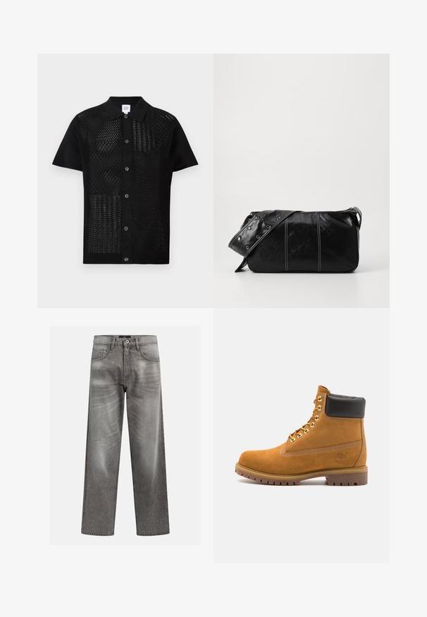 Chaqueta de forro polar negra con cierre de cremallera, amplio cuello y detalles de cuero en la cintura y los puños. Presenta un acabado texturizado.; Polo de manga corta negro con un tejido texturizado y perforado en el frente. Presenta un cuello sólido y botones en el centro.; Polo de manga larga gris claro, hecho de una tela suave, con un cuello blanco y una botonadura de cuatro botones. Textura suave, diseño casual.; Vaqueros de mezclilla gris con un corte holgado, que presentan detalles de desgaste y decoloración, un clásico diseño de cinco bolsillos y un cierre de botón.; Botín de ante marrón claro con collar acolchado negro, ojales de metal dorado, detalles de costura blanca y suela de goma resistente con tacos pronunciados.; Bolso de hombro de cuero negro con cierre de cremallera, que presenta un cuerpo texturizado, costuras blancas y una correa con ojales plateados.