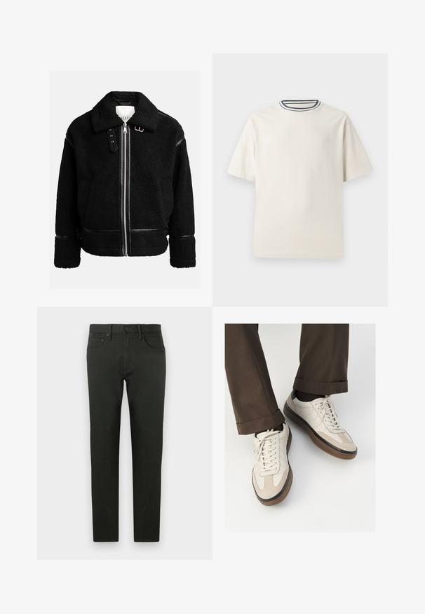 Musta fleece-takki, jossa on vetoketjukiinnitys, leveä kaulus ja nahkaiset yksityiskohdat vyötäröllä ja hihoissa. Ominaisuuksiin kuuluu teksturoitu pinta.; Kermanvärinen puuvillapaita lyhyillä hihoilla, jossa on pyöreä pääntie, jota korostavat laivastonsininen ja valkoinen raita. Sileä rakenne, rento istuvuus.; Tummanvihreät puuvillahaalareita, joissa on kapeampi malli. Ominaisuuksiin kuuluu suora lahje, etutaskut ja nappikiinnitys. Sileä pinta, minimaalinen yksityiskohtaisuus.; Beige tennarit, joissa on teksturoidut mokkasiinimaiset etuosat, sileät nahkasaumat ja ruskea kumipohja. Narut ja vaaleat ompelutiedot mukana.