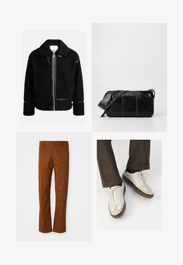 Mustmust jakk musta värvi, millel on tõmblukk, lai krae ja nahast detailid vöökoha ja varrukaotsades. Omab tekstureeritud viimistlust.; Kreemivärvi puuvillane T-särk lühikeste varrukatega, ümmarguse kaeluse ja mereteemalise sinise ja valge triibuga. Sile tekstuur, mugav lõike.; Pruunid puuvillased püksid regulaarse lõikega, millel on nupuga kinni tõmbamine, vööde aasad ja sirge jalgade disain. Sile tekstuur ilma mustriteta.; Bežid spordijalised, millel on tekstuuriga suede esiosa, siledast nahast küljed ja pruun kummitald. Lisatud on paelad ja heledad õmbluse detailid.; Must mustra nahkainine õlakott, millel on tõmblukk, tekstureeritud pind, valged õmblused ja rihm hõbedaste rõngastega.