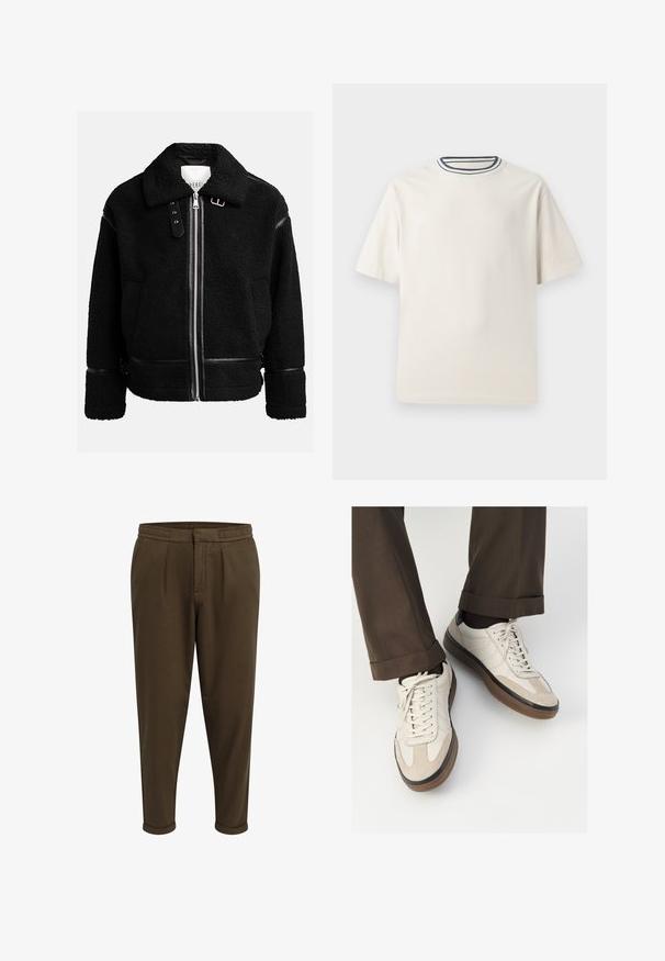 Zwarte fleecejack met een ritsluiting, brede kraag en leren accenten bij de taille en mouwen. Heeft een gestructureerde afwerking.; Crème-kleurige katoenen t-shirt met korte mouwen, met een ronde halslijn die is accentueerd met marineblauwe en witte strepen. Soepele textuur, ontspannen pasvorm.; Redefined Rebel JOHNNY CROPPED SLIM FIT - Broek - tarmac; Beige sneakers met een leren voorkant van textuur-suède, gladde leren zijkanten en een bruine rubberen zool. Veters en lichte stikseldetails inbegrepen.