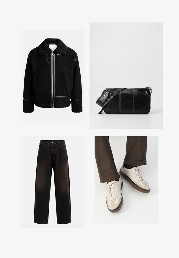 Fekete bolyhos dzseki cipzárral, széles gallérral, és bőr díszítéssel a deréknál és az ujjaknál. Jellemzője a texturált felület.; Krémszínű pamut póló rövid ujjakkal, kerek nyakkivágással, melyet tengerészkék és fehér csíkok díszítenek. Sima textúrájú, laza szabású.; Fekete farmernadrág laza szabással, övhurkokkal, öt zsebes kialakítással és gombos záródással. Texturált anyag, enyhe kopással.; Beige sportcipők, texturált velúr elülső résszel, sima bőr oldalakkal és barna gumitalppal. Fűzők és világos varrási részletek is megtalálhatók.; Fekete bőr válltáska, cipzárral zárva, texturált felülettel, fehér varrással és ezüst fémgyűrűs pánttal.