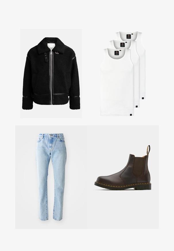 Zwarte fleecejack met een ritsluiting, brede kraag en leren accenten bij de taille en mouwen. Heeft een gestructureerde afwerking.; Drie witte geribde tanktops van katoen. Kenmerken zijn een ronde hals en kleine zwarte labels nabij de zoom. Verkrijgbaar in meerdere maten.; Lichtblauwe denim jeans met een recht model, vijf pocket-stijl en een hoge taille. Minimaal vervaging en geen zichtbare versieringen.; Bruine leren Chelsea-boot met elastische zijpanelen, gestructureerde hak en contrasterende gele stiksels. Voorzien van een trekband voor gemakkelijk aan- en uittrekken.