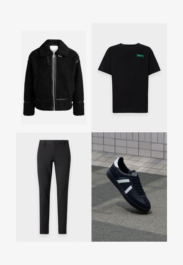 Čierna fleecová bunda so zipsom, širokým golierom a koženými detailmi na páse a manžetách. Má štruktúrovaný povrch.; Čierne tričko s krátkymi rukávmi vyrobené z bavlny. Na prednej strane má zelené logo "ROOTS", okrúhly výstrih a štandardný strih.; Čierne pruhované nohavice s plochým predným dielom, úzky strih, s gombíkovým zapínaním a pútkami na opasok, vyrobené z hladkého textilného materiálu.; Čierne kožené tenisky s bielymi pruhmi, textúrovanou gumovou podrážkou a šnurovaním vpredu. Obsahujú označenie značky na jazyku.