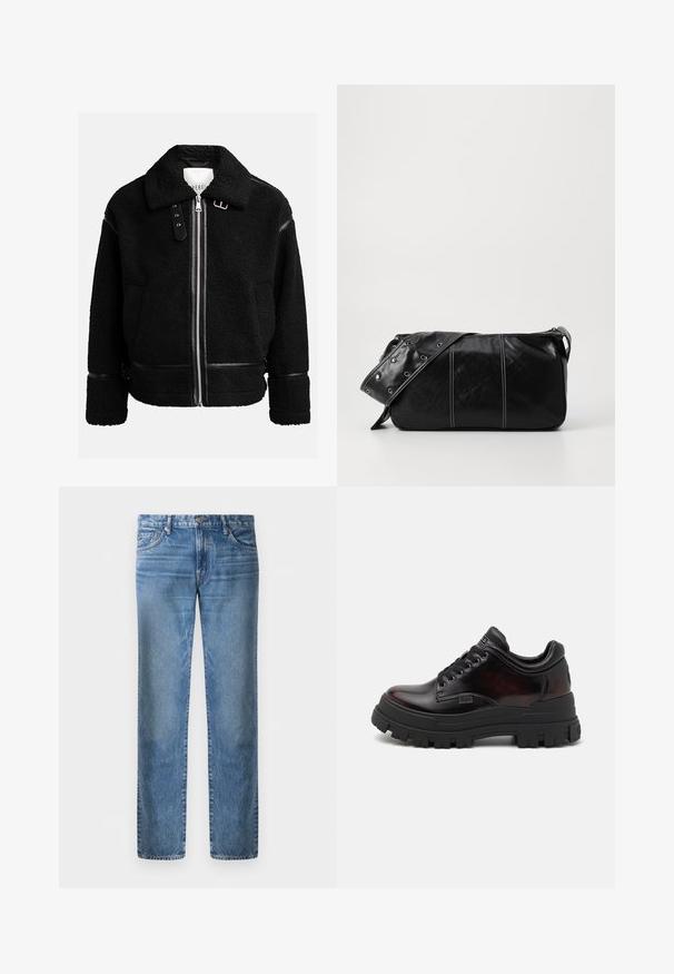 Black fleece jacket with a zip closure, wide collar, and leather accents at the waist and cuffs. Features a textured finish.; Light gray long-sleeve polo shirt made of soft fabric, featuring a white collar and four-button placket. Smooth texture, casual design.; Light blue denim jeans, straight-leg design, five pockets, metal button closure, faded texture with slight wear pattern on the front.; Buffalo ASPHA - Casual lace-ups - black/red; Black leather shoulder bag with a zip closure, featuring a textured body, white stitching, and a strap with silver grommets.