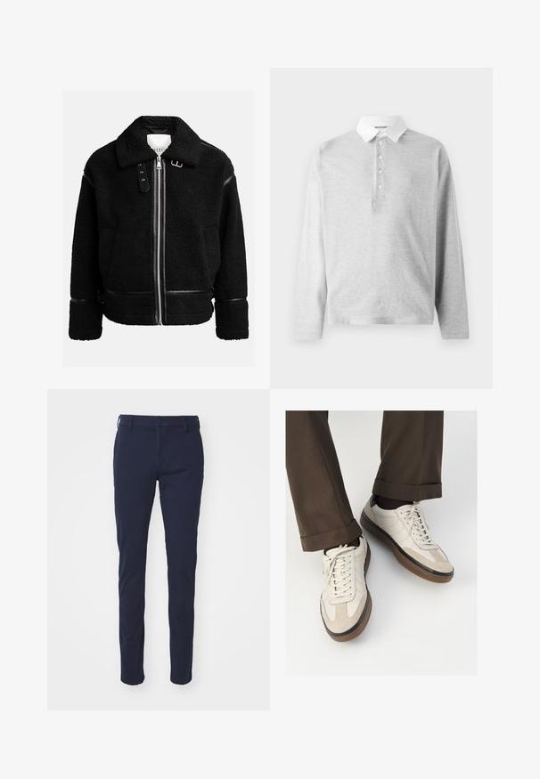 Musta fleece-takki, jossa on vetoketjukiinnitys, leveä kaulus ja nahkaiset yksityiskohdat vyötäröllä ja hihoissa. Ominaisuuksiin kuuluu teksturoitu pinta.; Harmaa pitkähihainen polo-paita, joka on valmistettu pehmeästä kankaasta. Paidassa on valkoinen kaulus ja neljän napin lista. Silkkaa pintarakennetta, rento muotoilu.; Tummansinisiä housuja, joissa on sileä rakenne, slim fit -design, vyölenkit, nappikiinnitys ja etutaskut. Ei näkyviä kuvioita tai koristuksia.; Beige tennarit, joissa on teksturoidut mokkasiinimaiset etuosat, sileät nahkasaumat ja ruskea kumipohja. Narut ja vaaleat ompelutiedot mukana.
