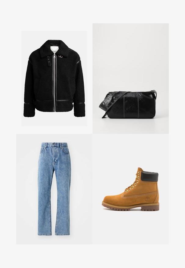 Černá fleecová bunda se zipovým uzávěrem, širokým límcem a koženými detaily na pase a manžetách. Obsahuje texturovaný povrch.; Světle šedá polokošile s dlouhým rukávem vyrobená z měkké tkaniny, s bílým límečkem a čtyřknoflíkovou légou. Hladká textura, neformální design.; Světle modré džíny z denimu s vysokým pasem, širokým střihem, klasickým pětivreckovým stylem a jemným vyblednutím látky.; Hnědé semišové kotníkové boty s černým polstrovaným límcem, zlatými kovovými očky, bílým prošíváním a odolnou gumovou podrážkou s výraznými drážkami.; Černá kožená kabelka přes rameno se zapínáním na zip, s texturovaným tělem, bílým prošíváním a popruhem se stříbrnými očky.