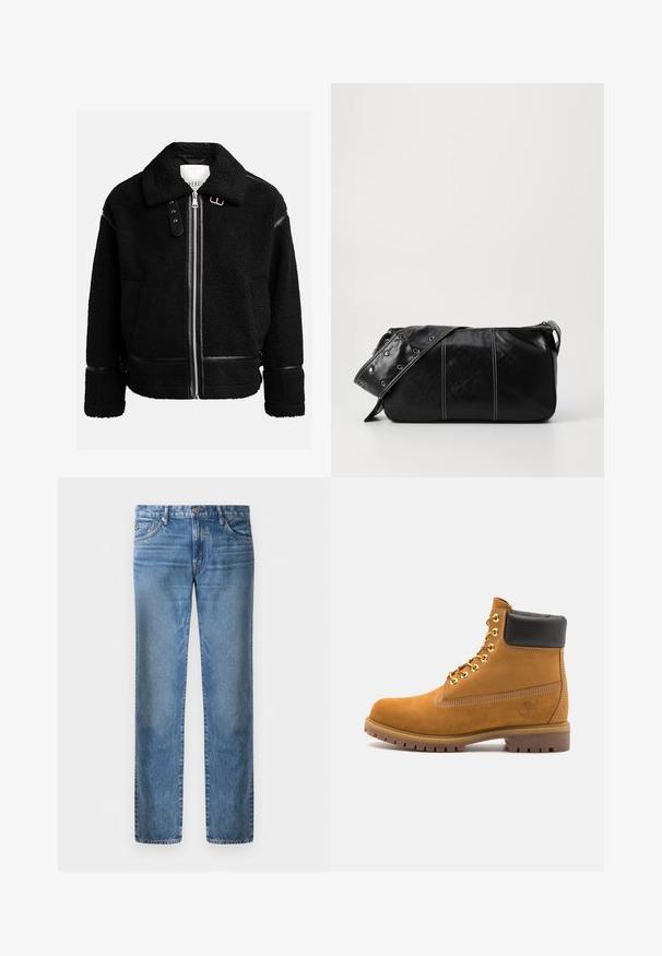 Mustmust jakk musta värvi, millel on tõmblukk, lai krae ja nahast detailid vöökoha ja varrukaotsades. Omab tekstureeritud viimistlust.; Hele hall polo-särk pikka varrukaga, tehtud pehmest kangast, millel on valge krae ja neli nupuvajutust. Sile tekstuur, lihtne disain.; Heledad sinine teksapüks, sirge jala disain, viis taskut, metallne nööp kinnitamiseks, tuhmunud tekstuur ja kerge kulumisjälg esiküljel.; Küpset tan suede sääreboot musta pehmea kraega, kuldsed metallist silmad, valge õmblemise detailid ja robustne kummist tallaga, millel on väljendunud mustrid.; Must mustra nahkainine õlakott, millel on tõmblukk, tekstureeritud pind, valged õmblused ja rihm hõbedaste rõngastega.