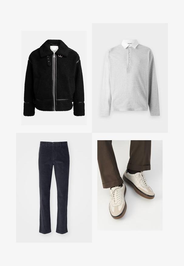 Musta fleece-takki, jossa on vetoketjukiinnitys, leveä kaulus ja nahkaiset yksityiskohdat vyötäröllä ja hihoissa. Ominaisuuksiin kuuluu teksturoitu pinta.; Harmaa pitkähihainen polo-paita, joka on valmistettu pehmeästä kankaasta. Paidassa on valkoinen kaulus ja neljän napin lista. Silkkaa pintarakennetta, rento muotoilu.; Tummanharmaat corduroypuvut, joissa on suora lahjetyyli, etupainike ja sivutaskut. Pehmeä rakenne pystyripoilla.; Beige tennarit, joissa on teksturoidut mokkasiinimaiset etuosat, sileät nahkasaumat ja ruskea kumipohja. Narut ja vaaleat ompelutiedot mukana.