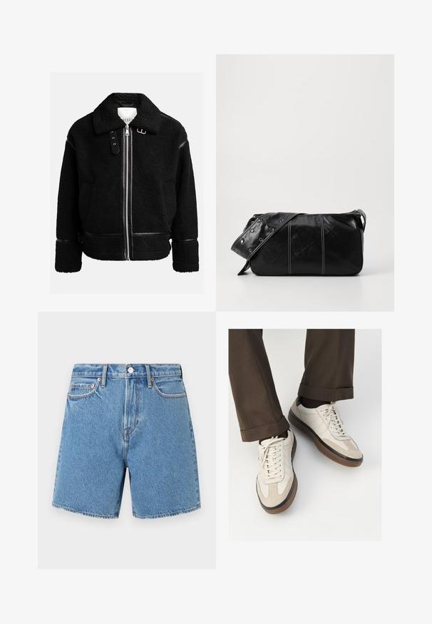 Fekete bolyhos dzseki cipzárral, széles gallérral, és bőr díszítéssel a deréknál és az ujjaknál. Jellemzője a texturált felület.; Világosszürke, hosszú ujjú pólóing, puha anyagból készült, fehér gallérral és négy gombbal ellátott záródással. Simaság, laza stílus.; Világoskék farmer sort. Folyamatos anyag, öt zsebbel, gombos záródással és diszkrét varrással a varratok és a zsebek mentén.; Beige sportcipők, texturált velúr elülső résszel, sima bőr oldalakkal és barna gumitalppal. Fűzők és világos varrási részletek is megtalálhatók.; Fekete bőr válltáska, cipzárral zárva, texturált felülettel, fehér varrással és ezüst fémgyűrűs pánttal.