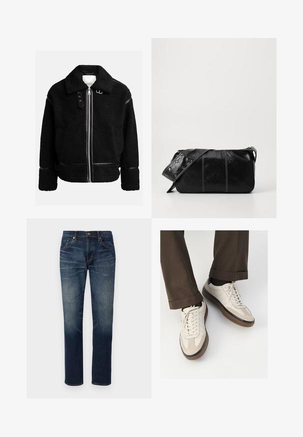 Juodas vilnos džemperis su užtrauktuku, plačiu apykakle ir odiniais akcentais juosmens ir rankogalių srityse. Pasižymi tekstūruota apdaila.; Šviesiai pilkas ilgomis rankovėmis polo marškinėliai, pagaminti iš minkštos medžiagos, su balta apykakle ir keturių mygtukų užtrauktuku. Lygus paviršius, laisvalaikio dizainas.; Edwin REGULAR TAPERED - Siaurėjantys džinsai - blue mid dark used; Bežiniai sportbačiai su tekstūruotu zomšinės priekine dalimi, lygiomis odinėmis šoninėmis dalimis ir ruda guminėmis padais. Į komplektą įeina juostelės ir šviesūs siuvimo detalės.; Juodas odinis pečių krepšys su užtrauktuku, turintis tekstūruotą paviršių, baltą siuvinėjimą ir dirželį su sidabinėmis metalinėmis detalėmis.